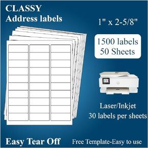 1" x 2-5/8" Address Labels, 1500 Labels(50 Sheets)- for Laser/Inkjet Printer, Sticker Paper White 30 per Sheet
