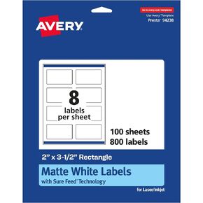Avery Matte White Rectangle Labels with Sure Feed, 2" x 3.5", 200 Matte White Printable Labels