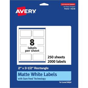 Avery Matte White Rectangle Labels with Sure Feed, 2" x 3.5", 200 Matte White Printable Labels