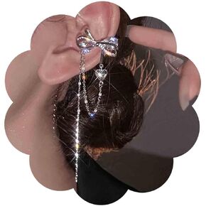 Boho Crystal Bow Chain Cuff Earrings Silver Cz Bow Ring Helix Earrings Long Chain Clip on Earrings Rhinestone Bowknot Earcuff Earrings Jewelry for Women and Girls