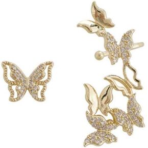 Butterfly Tassel Earrings Silver Cuff Cubic Zirconia Crawler Stud Chain Crystals Earrings Set for Women