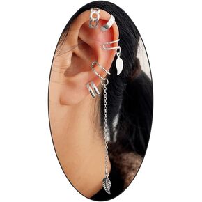 7Pcs Gold Silver Leaf Ear Cuffs Earrings Sets for Women Teen Girls,Adjustable Clip On Cartilage Leaf Chain Earrings Set Trendy Jewelry Gift