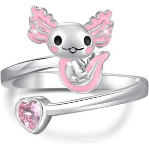 Axolotl Ring 925 Sterling Silver Newt Open Ring Pink Axolotl Adjustable Ring Heart Animal Thumb Ring for Women Mexican Salamande Axolotl Jewelry Gifts for Teen Girls