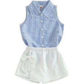 مجموعة ملابس الفتيات الصيفية من Ledy Champswiin قمصان بأزرار وسروال أبيض 2 قطعة ملابس مخططة عصرية للفتيات الصغيرات in Kuwait