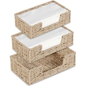 Set of 3 Ratten Napkin Holder for Table, Paper Rope Serving Tray for Paper Napkins, 3 Size Wicker Baskets for Kitchen Dining Room