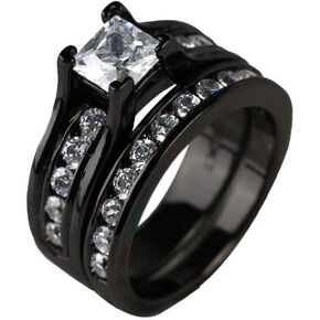 Bridal Sets Black Gold Plated Womens Wedding Ring Sets Princess Cut 6mm Red Cz 2pcs Engagement Ring