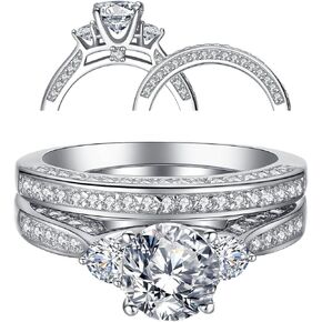 3 Stone Silver Wedding Ring Set 2.3 Carats Round Cut Cubic Zirconia Gifts for Women
