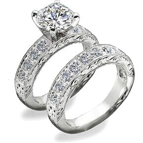 Venetia Supreme Realistic 1.5 or 2 Carats Art Decor Hearts and Arrows Cut Simulated Diamond Ring Band Set Vintage Victorian Style cz