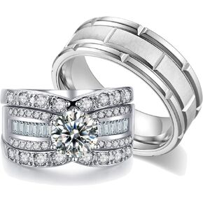 2.3Ct 18k White Gold Wedding Ring Sets for Him and Her Women Men Titanium Stainless Steel Bands Cz Couple Rings