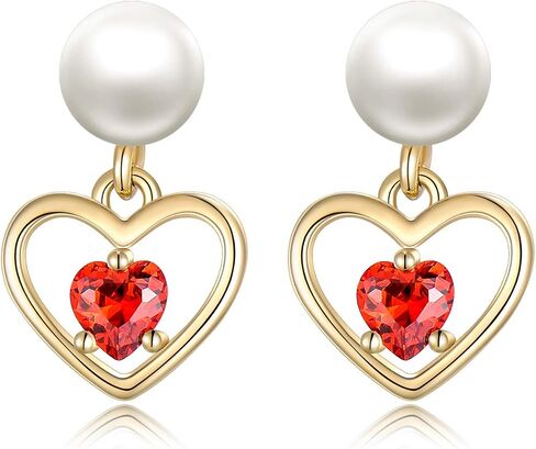 14K Real Gold Heart Stud Earrings for Women,Yellow Gold Created Freshwater Pearl Heart Drop Earrings with Garnet,Pearl Stud Jewelry Anniversary Birthday Present for Wife Mom Girlfriend in Saudi Arabia