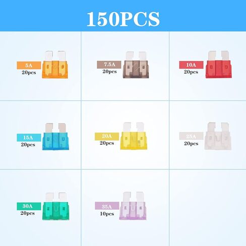 مجموعة متنوعة من 150 قطعة من صمامات السيارة، صمامات السيارات من نوع الشفرة، صمامات السيارات - قياسية (5A 7.5A 10A 15A 20A 25A 30A 35A) للسيارة/SUV/ATV/الشاحنة/السيارات/الدراجات النارية/القارب/التخييم RV ATC/APR in Kuwait