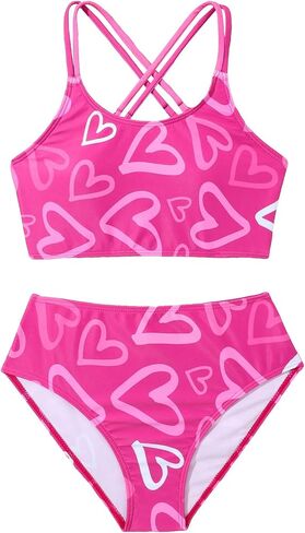 OYOANGLE Girl's 2 Piece Heart Print Bikini Swimsuit Spaghetti Strap Criss Cross Tankini Bathing Suits in Saudi Arabia