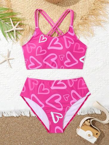 OYOANGLE Girl's 2 Piece Heart Print Bikini Swimsuit Spaghetti Strap Criss Cross Tankini Bathing Suits in Saudi Arabia