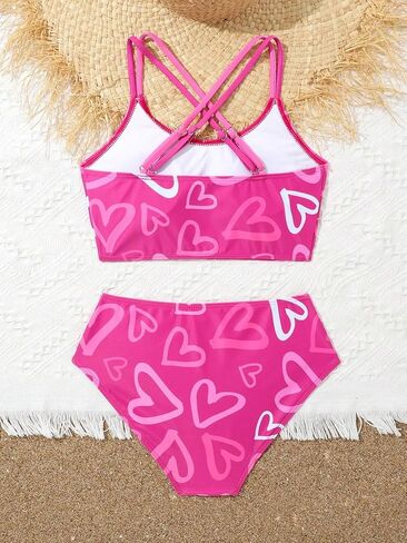 OYOANGLE Girl's 2 Piece Heart Print Bikini Swimsuit Spaghetti Strap Criss Cross Tankini Bathing Suits in Saudi Arabia