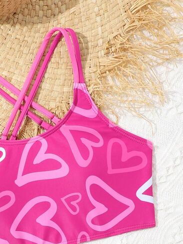 OYOANGLE Girl's 2 Piece Heart Print Bikini Swimsuit Spaghetti Strap Criss Cross Tankini Bathing Suits in Saudi Arabia