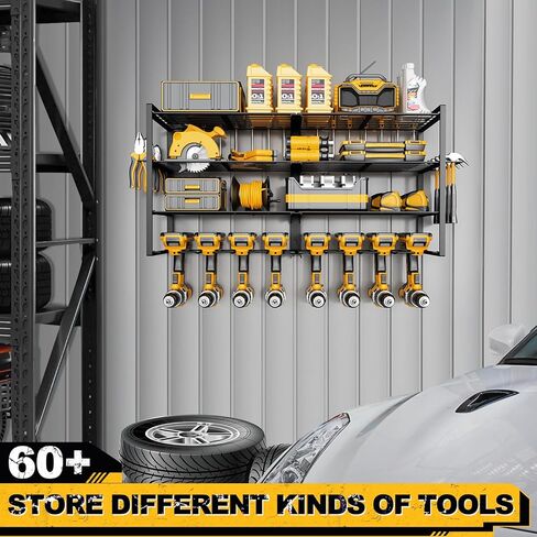 Ronlap منظم أدوات الطاقة على الحائط، 8 حامل مثقاب على الحائط 4 طبقات منظمات الأدوات ورف التخزين لتنظيم المرآب رف منظم الأدوات اللاسلكي مع مفك براغي وحامل مطرقة in Kuwait