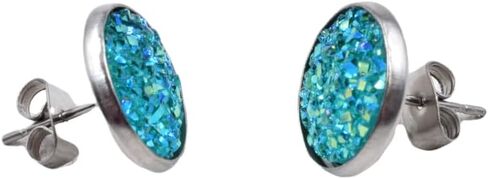 Blue Green Glitter Druzy Earrings - Large Stud Earrings - Colorful Round Studs in Saudi Arabia