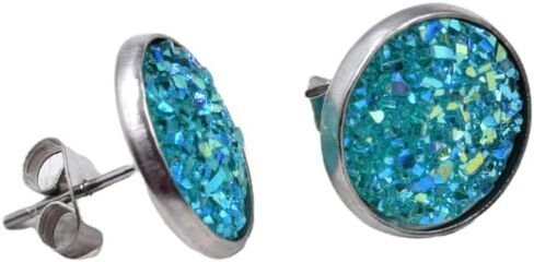 Blue Green Glitter Druzy Earrings - Large Stud Earrings - Colorful Round Studs in Saudi Arabia