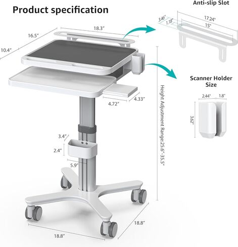 عربة طبية عربة عربة متنقلة ارتفاع قابل للتعديل سهلة التركيب عربة البليت مع حامل الماسح الضوئي عن طريق الفم محطة عمل الكمبيوتر المحمول (MTO-3) in Kuwait