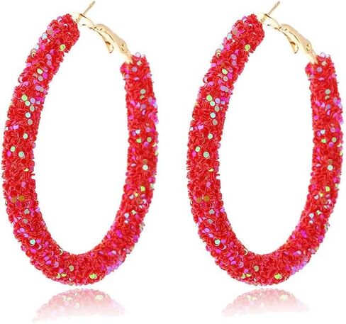coadipress Glitter Hoop Earrings for Women Girls Shiny Sequins Hoop Earrings Bohemian Sparkle Resin Rhinestone Wrapped Drop Dangle Earrings Circle Prom Statement Earrings in Saudi Arabia