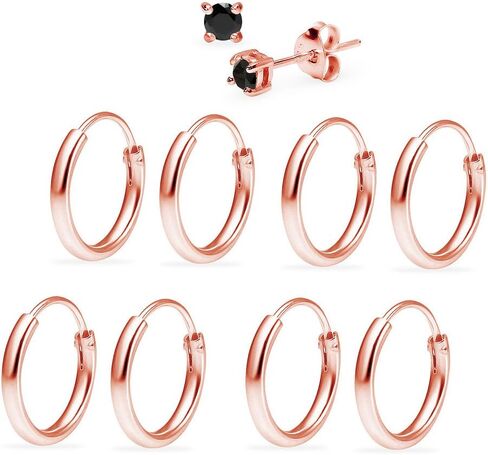 Sterling Silver 10mm Small Endless Hoops & 3mm Round Black CZ Stud Unisex Cartilage Earrings 5 Pairs Set Gold, Rose & Black Rhodium in Kuwait