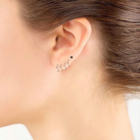 Sterling Silver 10mm Small Endless Hoops & 3mm Round Black CZ Stud Unisex Cartilage Earrings 5 Pairs Set Gold, Rose & Black Rhodium in Kuwait