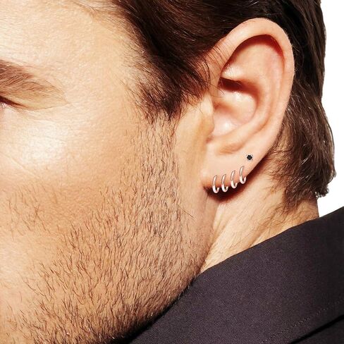 Sterling Silver 10mm Small Endless Hoops & 3mm Round Black CZ Stud Unisex Cartilage Earrings 5 Pairs Set Gold, Rose & Black Rhodium in Kuwait