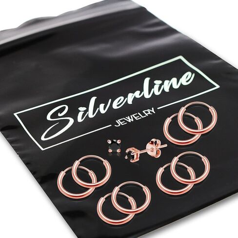 Sterling Silver 10mm Small Endless Hoops & 3mm Round Black CZ Stud Unisex Cartilage Earrings 5 Pairs Set Gold, Rose & Black Rhodium in Kuwait