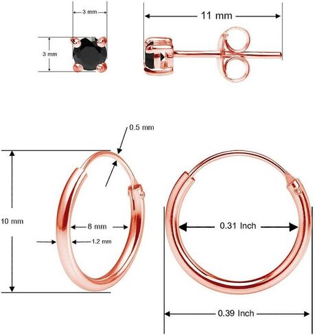 Sterling Silver 10mm Small Endless Hoops & 3mm Round Black CZ Stud Unisex Cartilage Earrings 5 Pairs Set Gold, Rose & Black Rhodium in Kuwait