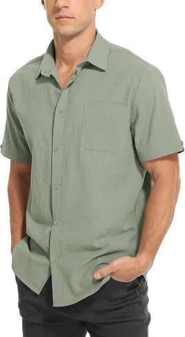 Mens Casual Button Down Shirts Short Sleeve Cotton Dress Shirt in Saudi Arabia