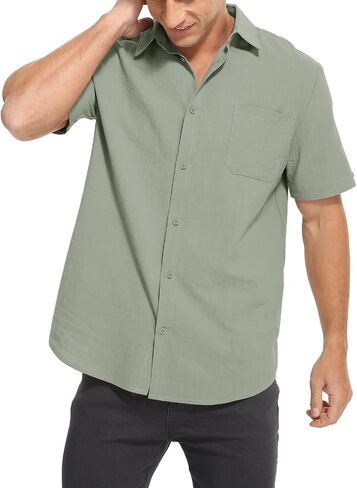 Mens Casual Button Down Shirts Short Sleeve Cotton Dress Shirt in Saudi Arabia