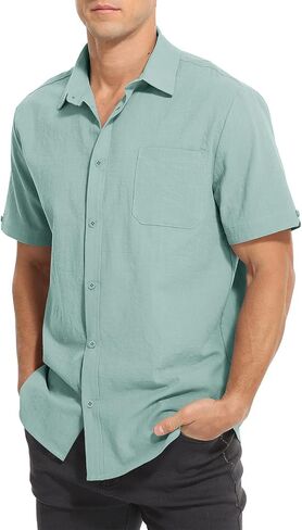Mens Casual Button Down Shirts Short Sleeve Cotton Dress Shirt in Saudi Arabia