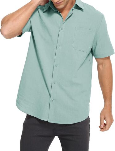 Mens Casual Button Down Shirts Short Sleeve Cotton Dress Shirt in Saudi Arabia
