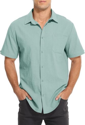 Mens Casual Button Down Shirts Short Sleeve Cotton Dress Shirt in Saudi Arabia