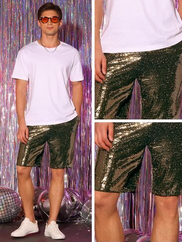 شورت Lars Amadeus Sequins للرجال صيفي بخصر مطاطي وحفلات الديسكو، سروال قصير لامع in Kuwait