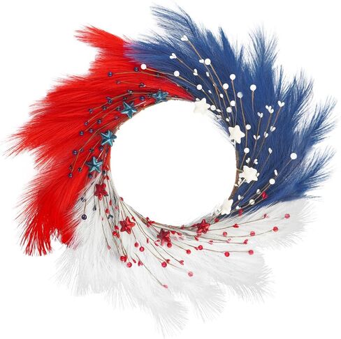 24 "فو بامباس العشب إكليل التوت الوطني، أحمر أبيض أزرق 4 يوليو إكليل يوم الاستقلال للباب الأمامي يوم الذكرى إكليل أمريكي مع التوت النقطة ونجمة لديكور المنزل الجدار in Kuwait