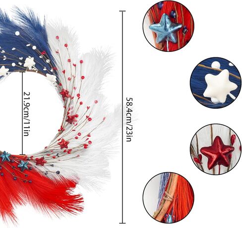 24 "فو بامباس العشب إكليل التوت الوطني، أحمر أبيض أزرق 4 يوليو إكليل يوم الاستقلال للباب الأمامي يوم الذكرى إكليل أمريكي مع التوت النقطة ونجمة لديكور المنزل الجدار in Kuwait