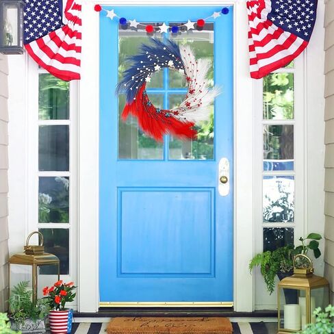 24 "فو بامباس العشب إكليل التوت الوطني، أحمر أبيض أزرق 4 يوليو إكليل يوم الاستقلال للباب الأمامي يوم الذكرى إكليل أمريكي مع التوت النقطة ونجمة لديكور المنزل الجدار in Kuwait