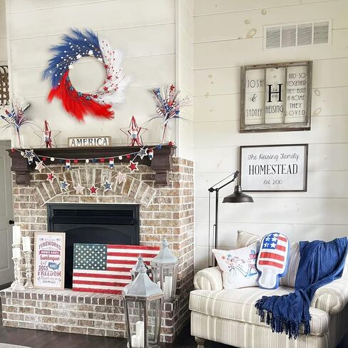 24 "فو بامباس العشب إكليل التوت الوطني، أحمر أبيض أزرق 4 يوليو إكليل يوم الاستقلال للباب الأمامي يوم الذكرى إكليل أمريكي مع التوت النقطة ونجمة لديكور المنزل الجدار in Kuwait