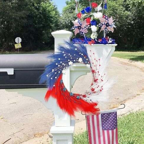 24 "فو بامباس العشب إكليل التوت الوطني، أحمر أبيض أزرق 4 يوليو إكليل يوم الاستقلال للباب الأمامي يوم الذكرى إكليل أمريكي مع التوت النقطة ونجمة لديكور المنزل الجدار in Kuwait