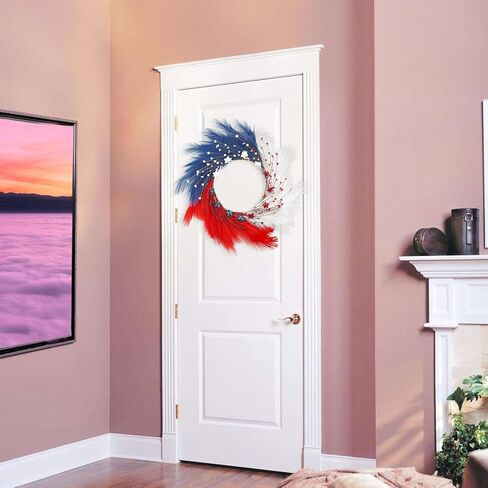 24 "فو بامباس العشب إكليل التوت الوطني، أحمر أبيض أزرق 4 يوليو إكليل يوم الاستقلال للباب الأمامي يوم الذكرى إكليل أمريكي مع التوت النقطة ونجمة لديكور المنزل الجدار in Kuwait