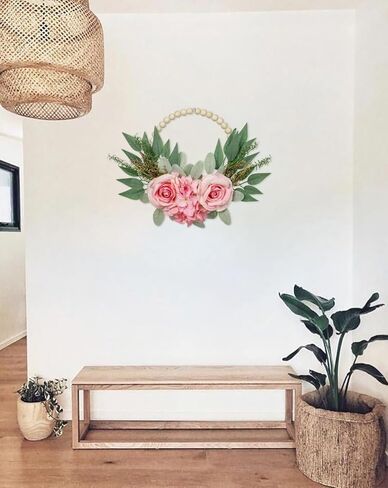 Floral Wreaths Artificial 10" with Wood Bead Eucalyptus Leaves Rose Hydrangea Wreaths Farmhouse Wreaths for Front Door Boho Wall Decor 2 Pack - White in Kuwait