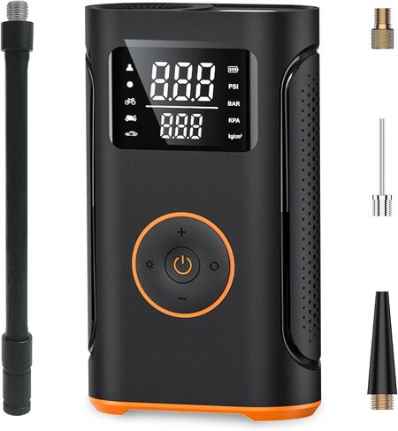 ضاغط هواء محمول منفاخ الإطارات - مضخة إطارات الدراجة - مضخة هواء سيارة كهربائية لاسلكية بقدرة 4000 مللي أمبير و150 رطل لكل بوصة مربعة مع ضوء LED ومقياس ضغط رقمي للسيارة والدراجة والدراجة النارية والكرة. in Kuwait