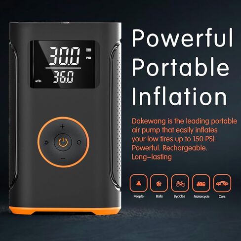 ضاغط هواء محمول منفاخ الإطارات - مضخة إطارات الدراجة - مضخة هواء سيارة كهربائية لاسلكية بقدرة 4000 مللي أمبير و150 رطل لكل بوصة مربعة مع ضوء LED ومقياس ضغط رقمي للسيارة والدراجة والدراجة النارية والكرة. in Kuwait