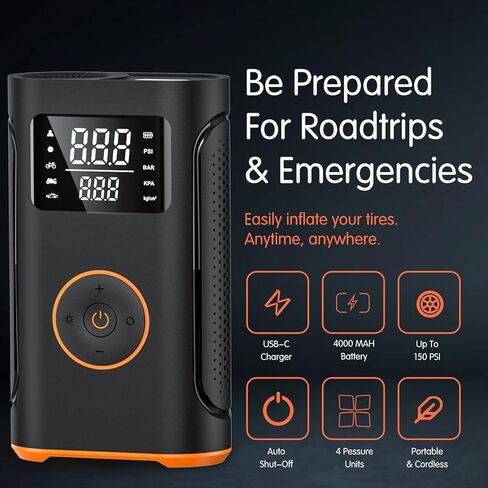 ضاغط هواء محمول منفاخ الإطارات - مضخة إطارات الدراجة - مضخة هواء سيارة كهربائية لاسلكية بقدرة 4000 مللي أمبير و150 رطل لكل بوصة مربعة مع ضوء LED ومقياس ضغط رقمي للسيارة والدراجة والدراجة النارية والكرة. in Kuwait