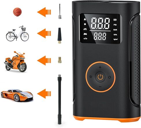 ضاغط هواء محمول منفاخ الإطارات - مضخة إطارات الدراجة - مضخة هواء سيارة كهربائية لاسلكية بقدرة 4000 مللي أمبير و150 رطل لكل بوصة مربعة مع ضوء LED ومقياس ضغط رقمي للسيارة والدراجة والدراجة النارية والكرة. in Kuwait
