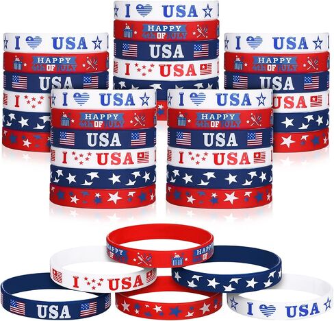 Deekin 60 Pcs 4th of July Patriotic Bracelets USA American Flag Red White and Blue Star Silicone Bracelets Memorial Day Wristband Rubber Bracelets for Independence Day Party Favors School Gift in Saudi Arabia