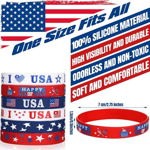 Deekin 60 Pcs 4th of July Patriotic Bracelets USA American Flag Red White and Blue Star Silicone Bracelets Memorial Day Wristband Rubber Bracelets for Independence Day Party Favors School Gift in Saudi Arabia