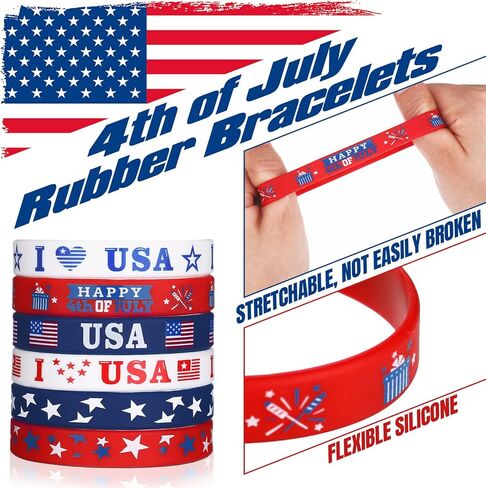 Deekin 60 Pcs 4th of July Patriotic Bracelets USA American Flag Red White and Blue Star Silicone Bracelets Memorial Day Wristband Rubber Bracelets for Independence Day Party Favors School Gift in Saudi Arabia