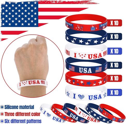 Deekin 60 Pcs 4th of July Patriotic Bracelets USA American Flag Red White and Blue Star Silicone Bracelets Memorial Day Wristband Rubber Bracelets for Independence Day Party Favors School Gift in Saudi Arabia